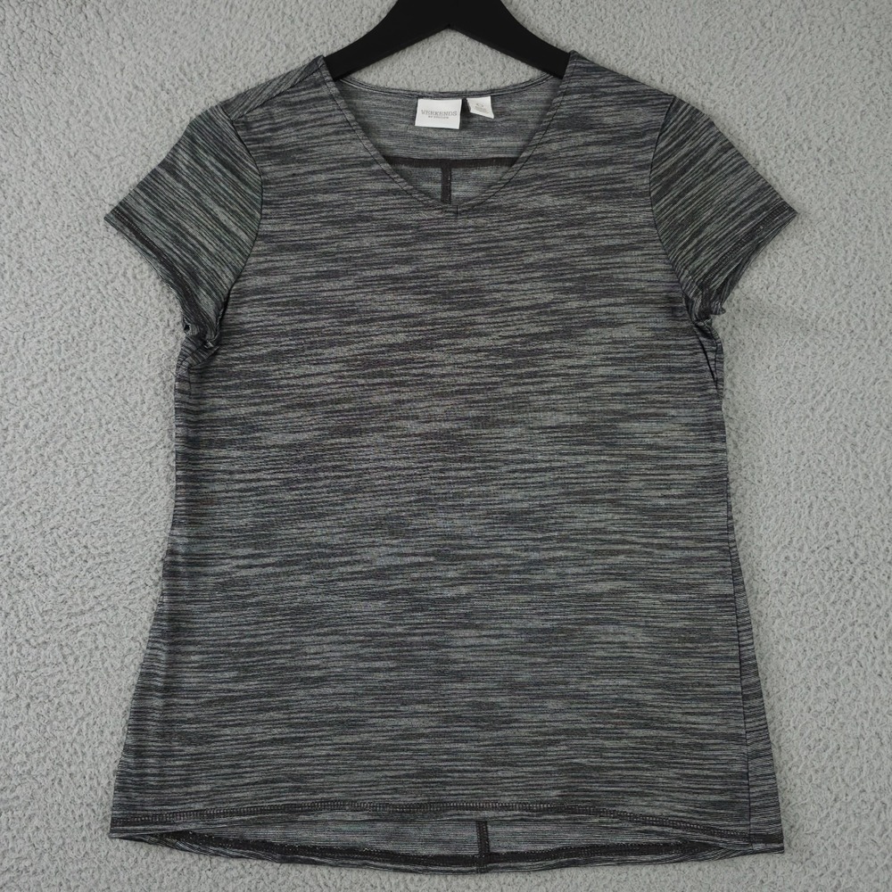 Weekends‎ Chicos Shirt Womens 0 US S Black Gray Striped V Neck Short Sleeve Top